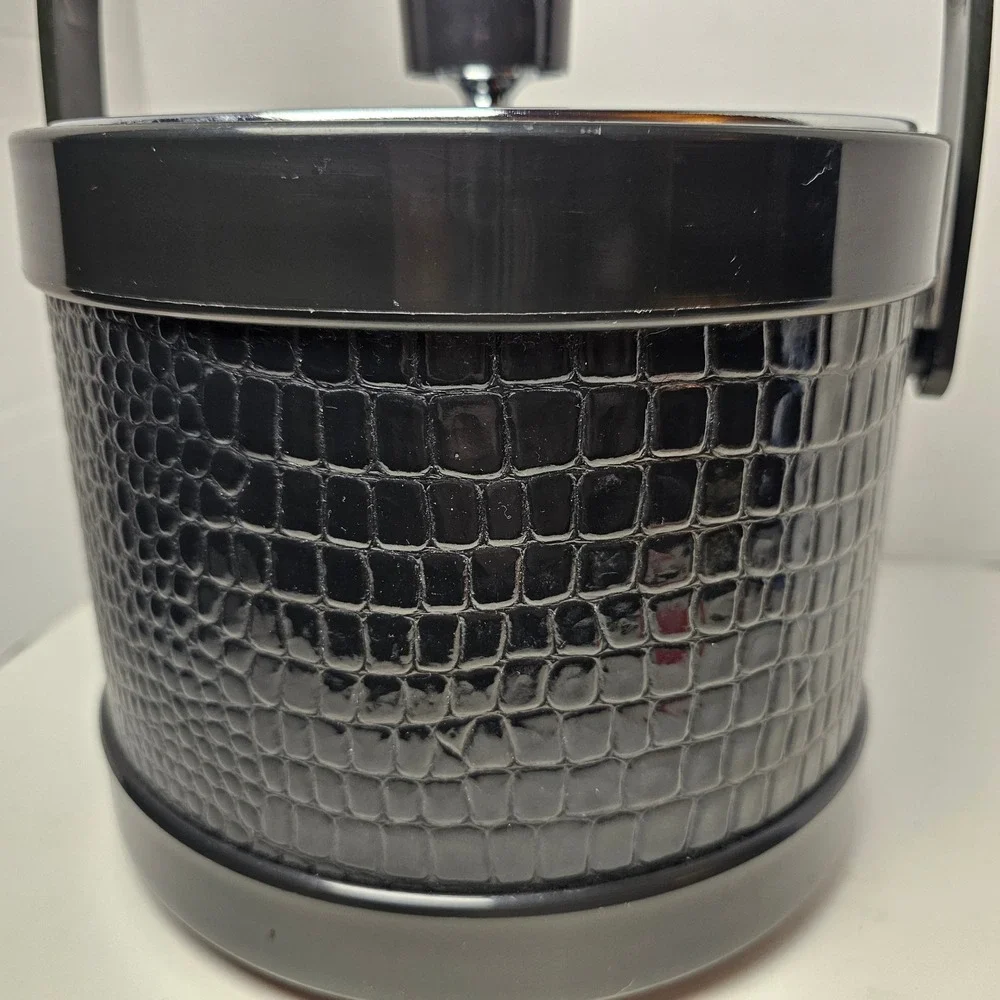 MCM Ice Bucket Black Faux Crocodile Chrome Lid Mid Century Modern Barware Japan